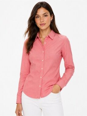Theory Heathered Red Coral Pink Fitted Button Down Shirt Medium
